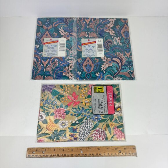 Vtg Pack of 3 Floral Flower Paisley Turquoise Blue Gold Gift Wrap Sheets Color - Picture 1 of 5